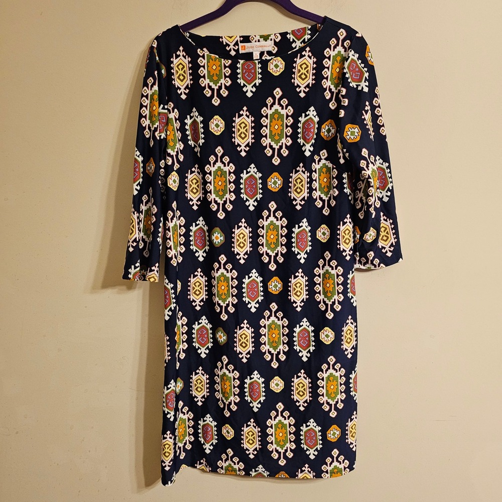 Jude Connally Shift Dress Womens S Navy Blue Geometric Ikat 3/4 Sleeve 101569